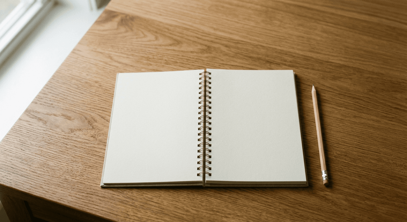 Otwarty notes i ołówek na drewnianym biurku w porannym świetle